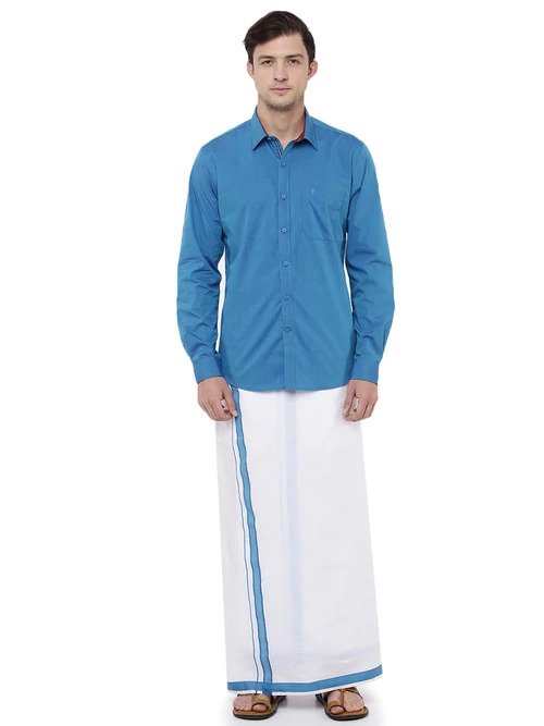 Ramraj  Mens Fancy Border Dhoti & Shirt Set Full Sleeves T Blue G113