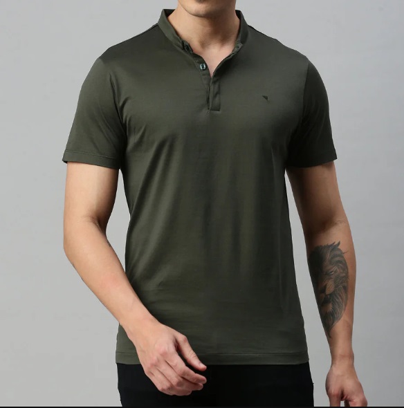 Ramraj Mens Green Smart Fit Mandarin Collar T-shirt MM3