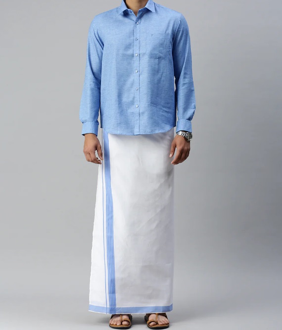 Ramraj Mens Matching Border Adjustable Dhoti & Full Sleeves Shirt Set Blue CC9