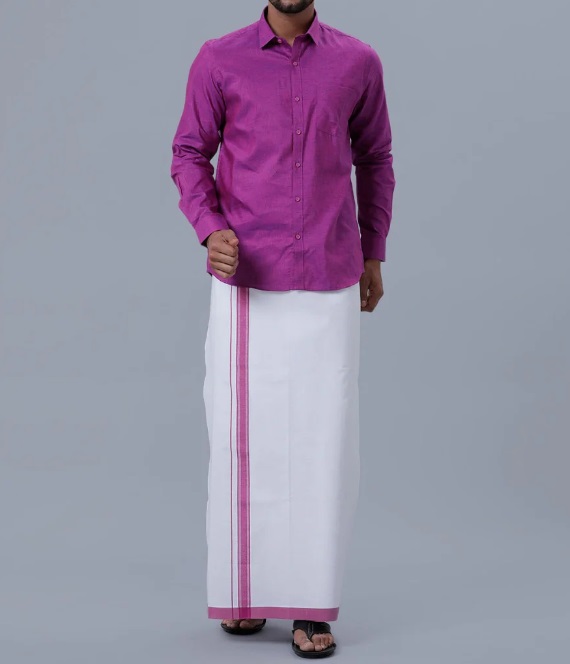 Ramraj Mens Matching Border Adjustable Dhoti & Full Sleeves Shirt Set C49