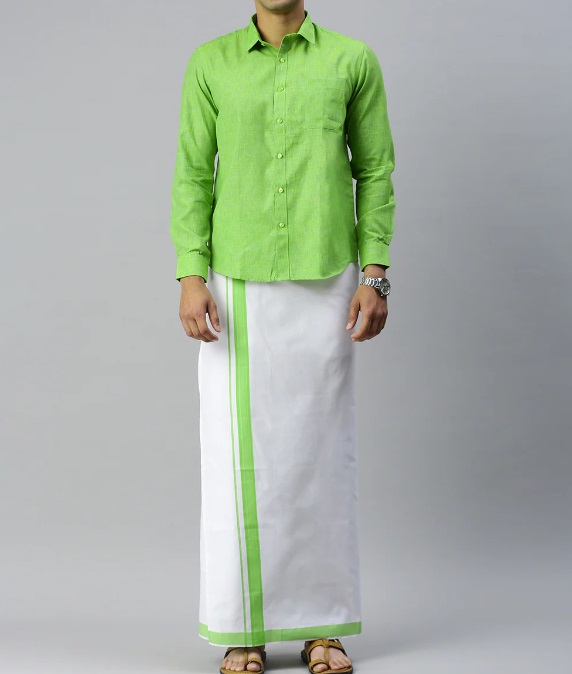 Ramraj Mens Matching Border Adjustable Dhoti & Full Sleeves Shirt Set Green CC6