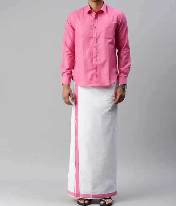 Ramraj Mens Matching Border Adjustable Dhoti & Full Sleeves Shirt Set Pink CC10