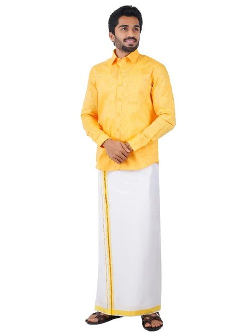 Ramraj Mens Matching Border Dhoti & Shirt Set Full Gold Fushion C3