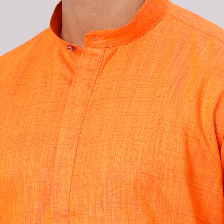 Ramraj Mens Orange Medium Length Kurta with 3/4 inch Gold Jari White Dhoti Set FS3