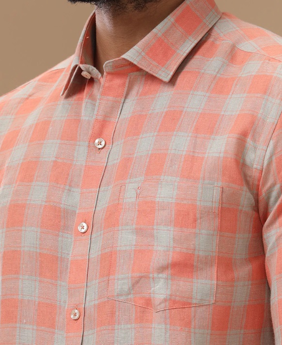 Ramraj Mens Pure Linen Orangy Green Checked Shirt_LS53