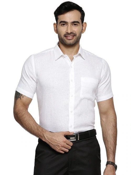 Ramraj Mens Pure Linen White Shirt 5445 Half Sleeves