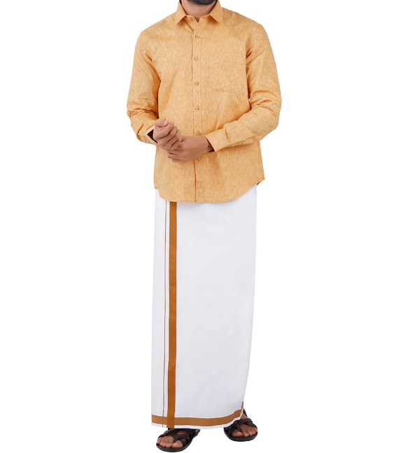 Ramraj Mens Readymade Adjustable Dhoti with Matching Shirt Full Mustard C1