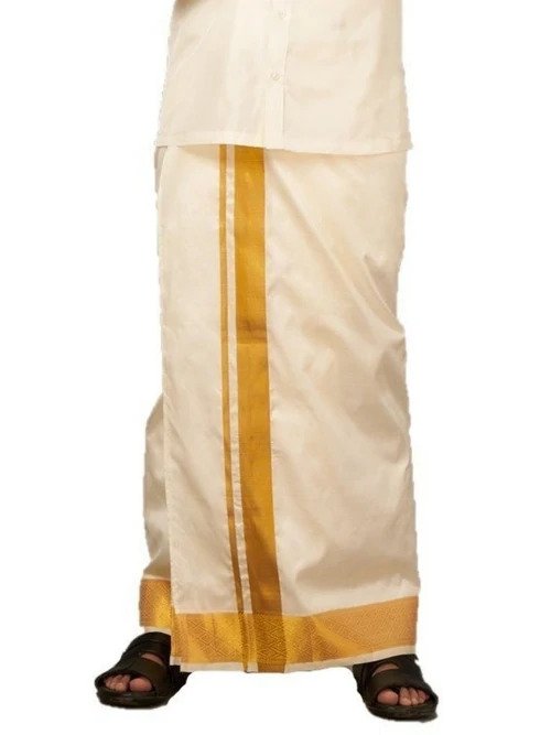 Ramraj Mens Readymade Cream Double Dhoti Pure Silk with Gold Jari 