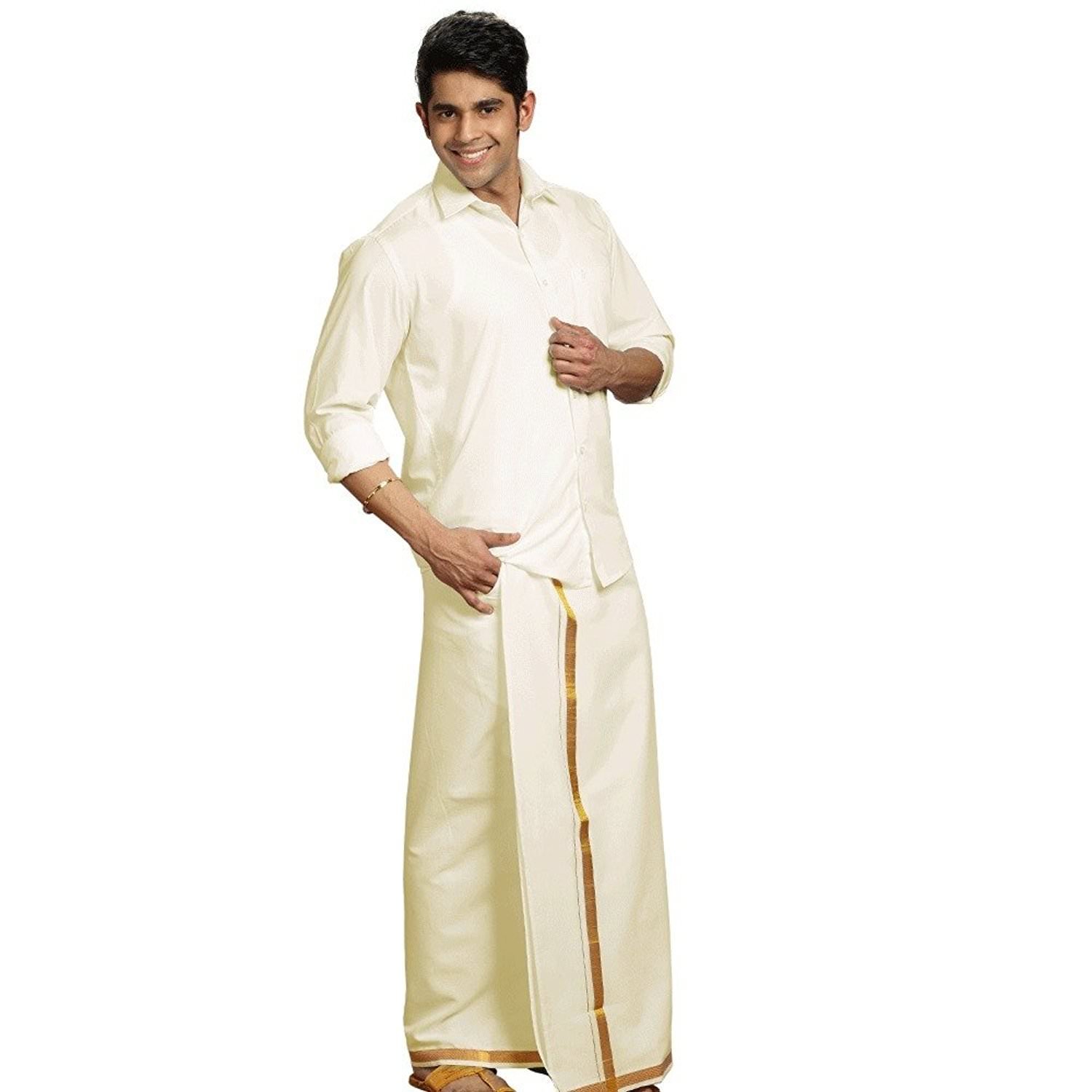  Ramraj Mens Readymade Dhoti Cream with Gold Jari  C146