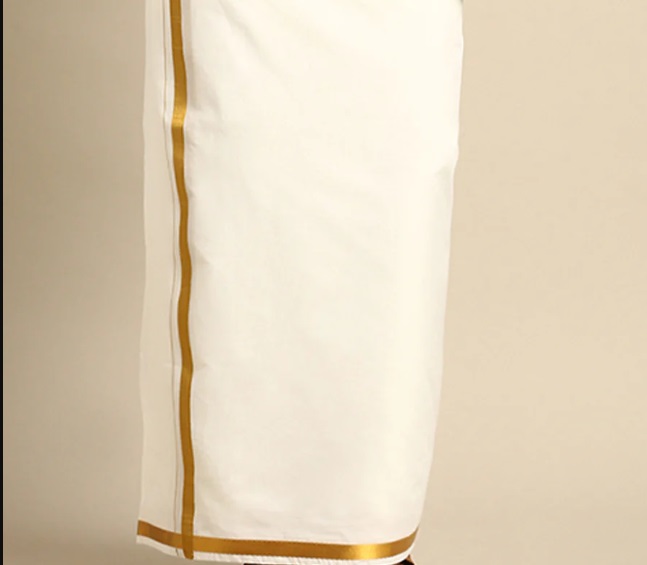 Ramraj Mens Wrinkle Free Single Dhoti Cream with Gold Jari 3/4 inch Silver Sun