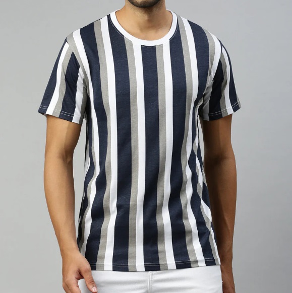 Ramraj Navy & Grey Striped Graphic Printed Round Neck Casual T-Shirt GT45