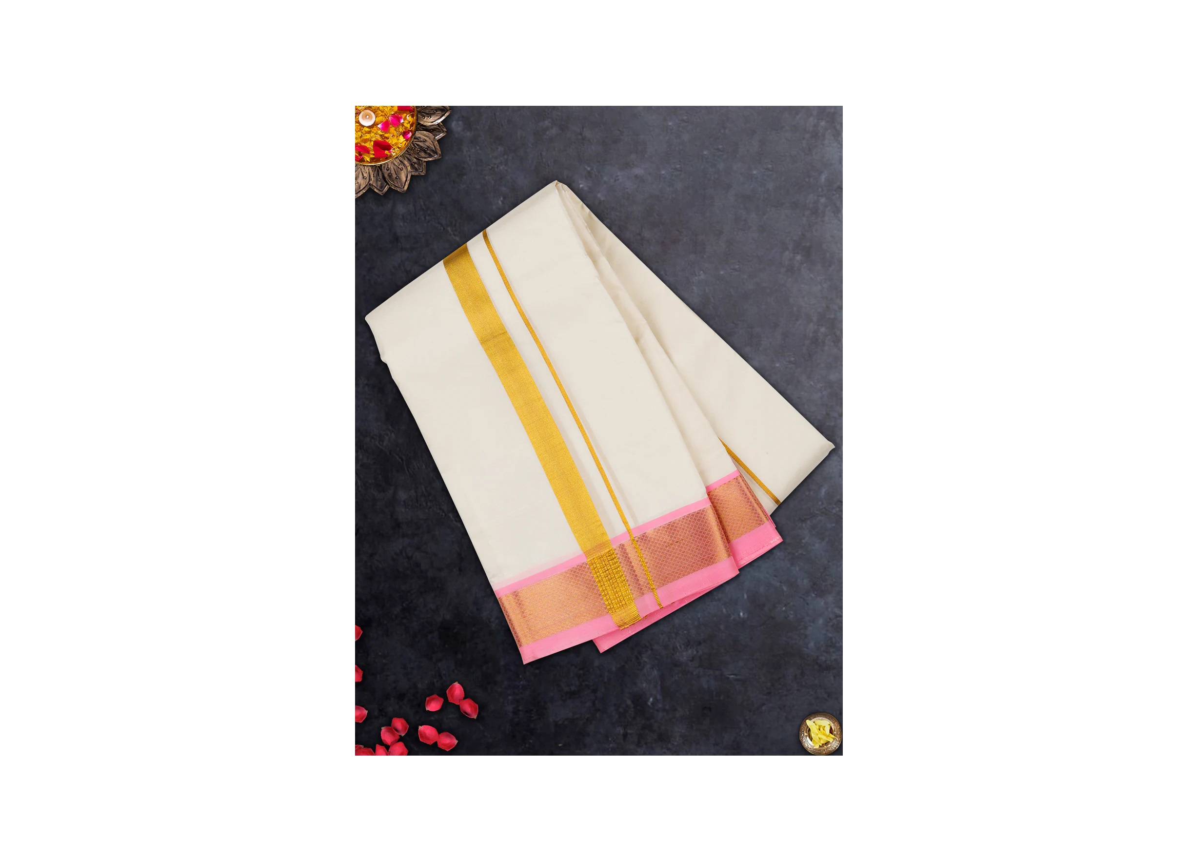 Ramraj Premium Pure Silk Cream Dhoti with 1 1/2 inch Gold Jari Mixing Pink Color Fancy Border Upasana