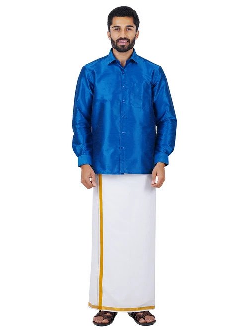 Ramraj Silk Cotton Full Sleeves  Shirt with Jari Dhoti Combo