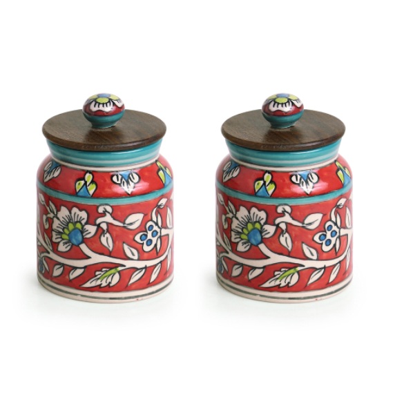 Red and Brown Mughal Cylindrical Multi Purpose Jar with Wooden Lid - Set of 2