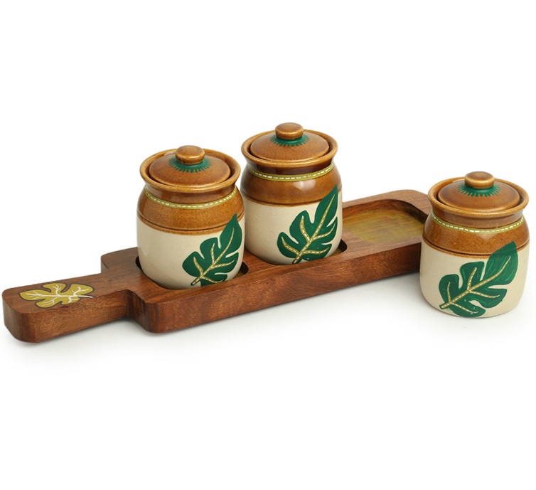 Shades of a Leaf Hand Painted Ceramic Jars with Tray (Set of 3)