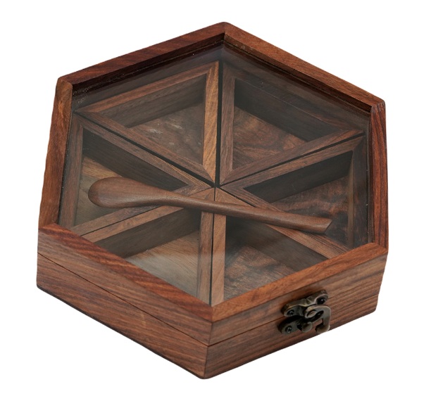 Wooden Hand Crafted Spice Box with 6 Containers and Spoon