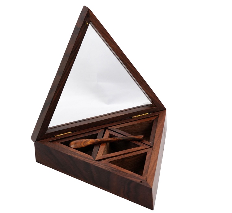 Wooden Spice Box In Triangle Shape with 4 Containers and Spoon