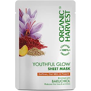 organic harvest Youthful Glow Sheet Mask -Saffron, Oat Milk and Peach